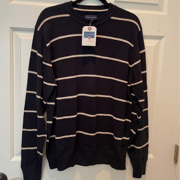 Saddlebred Navy with Beige Stripe Mens Sweater NWT Size LSaddlebred Navy with Be - Picture 1 of 3